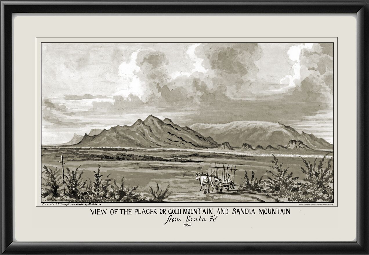 Santa Fe NM 1850 View of the Placer or Gold Mountain and Sandia Mountain from Santa Fe