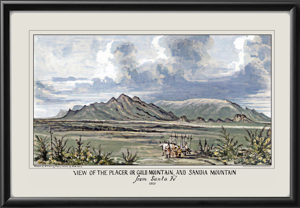 Santa Fe NM 1850 View of the Placer or Gold Mountain and Sandia Mountain from Santa Fe