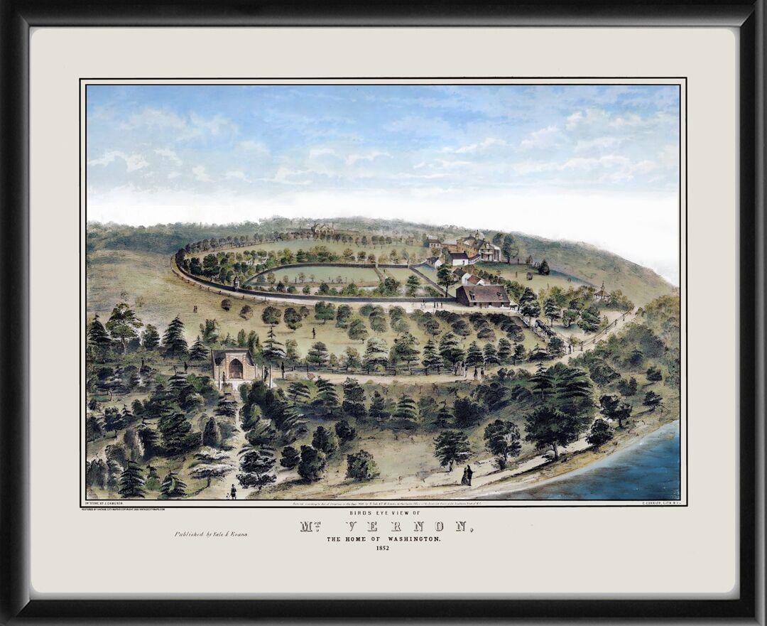 Restored bird's eye view map of Mt. Vernon, Virginia, home of George Washington, 1852 from the original engraving by John Cameron.