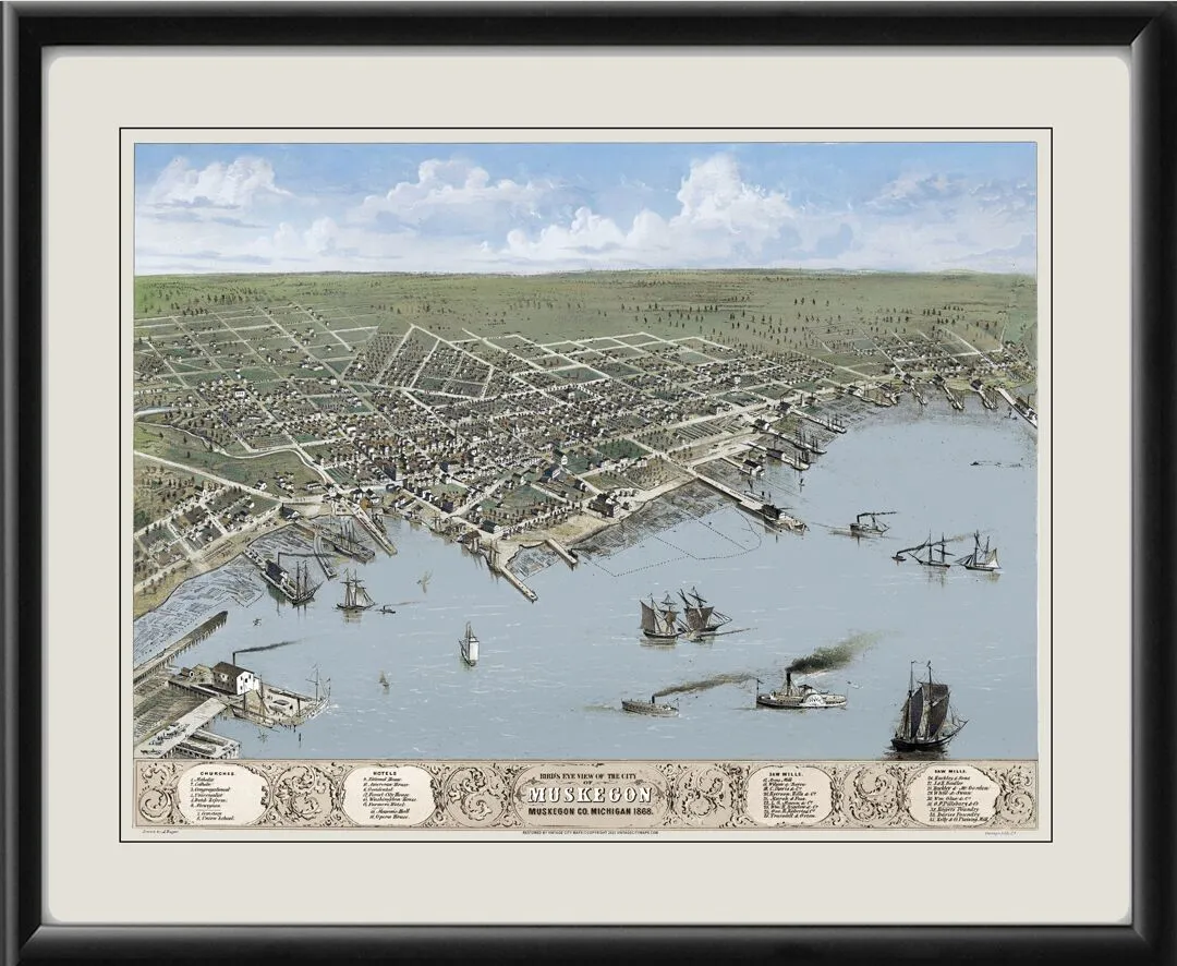 Muskegon MI 1868 Bird's Eye View Map
