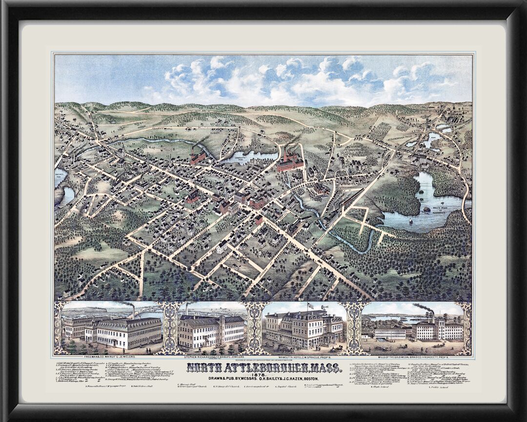 North Attleborough MA 1878 O.H. Bailey TM Bird's Eye View Map