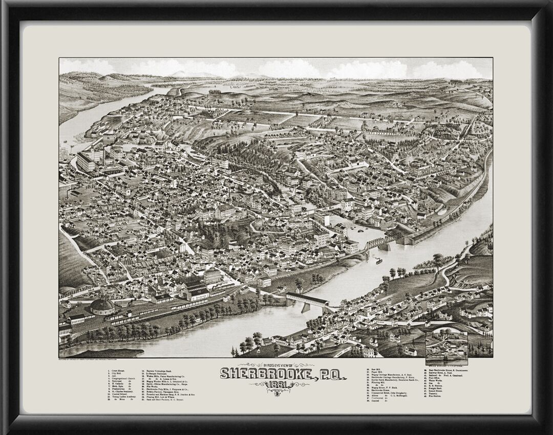 Sherbrooke Quebec Canada 1881 Bird's Eye View Map