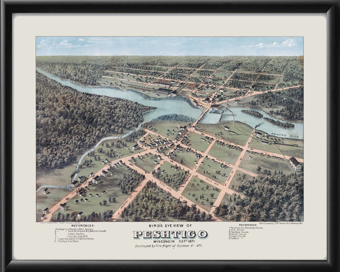 Peshtigo WI 1871 TM Fowler TM Bird's Eye View Map