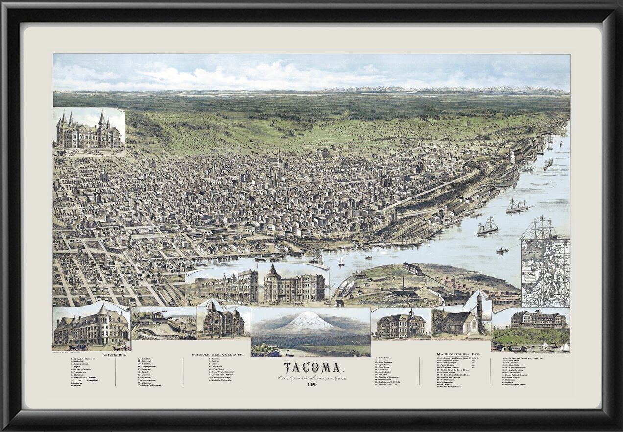Tacoma WA 1890 Will Carson TM Birds Eye View Map