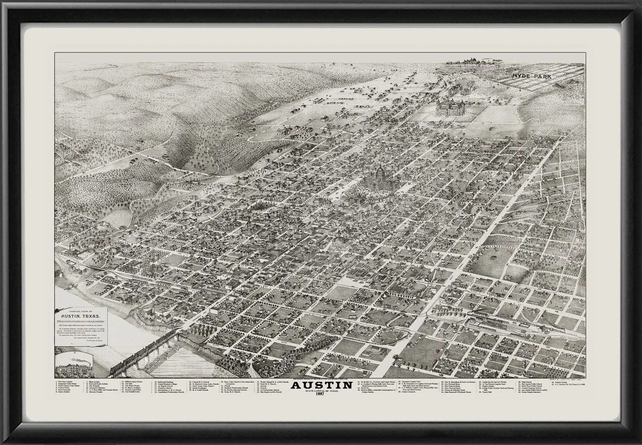 Austin TX 1887 TM Birds Eye View Map