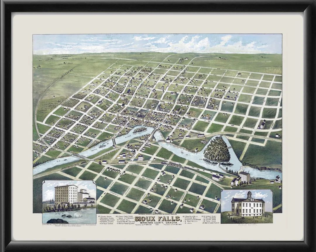 Sioux Falls SD 1881 TM Birds Eye View Map