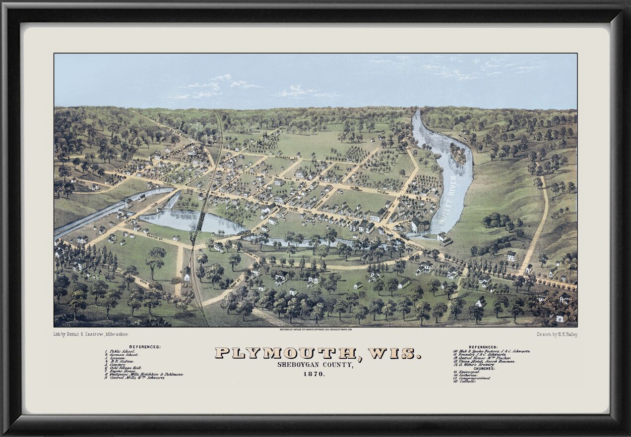 Plymouth WI 1870 HH Bailey TM Bird's Eye View Map