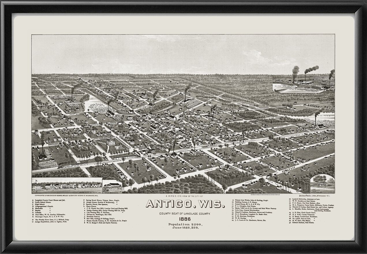 Antigo WI 1886 HWellge tm Birds Eye View Map