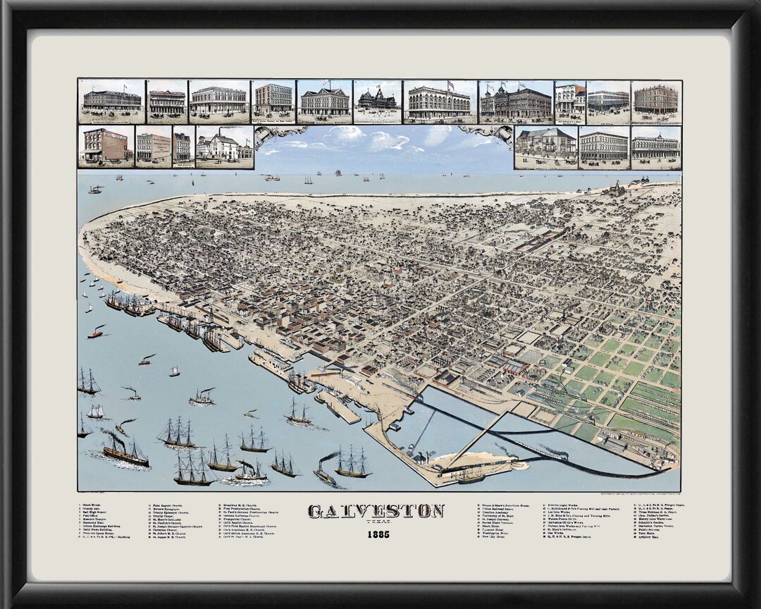 Galveston TX 1885 Koch Birds Eye View Map