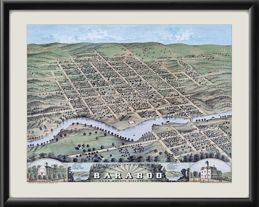 Baraboo WI 1870 Albert Ruger TM Birds Eye View Map