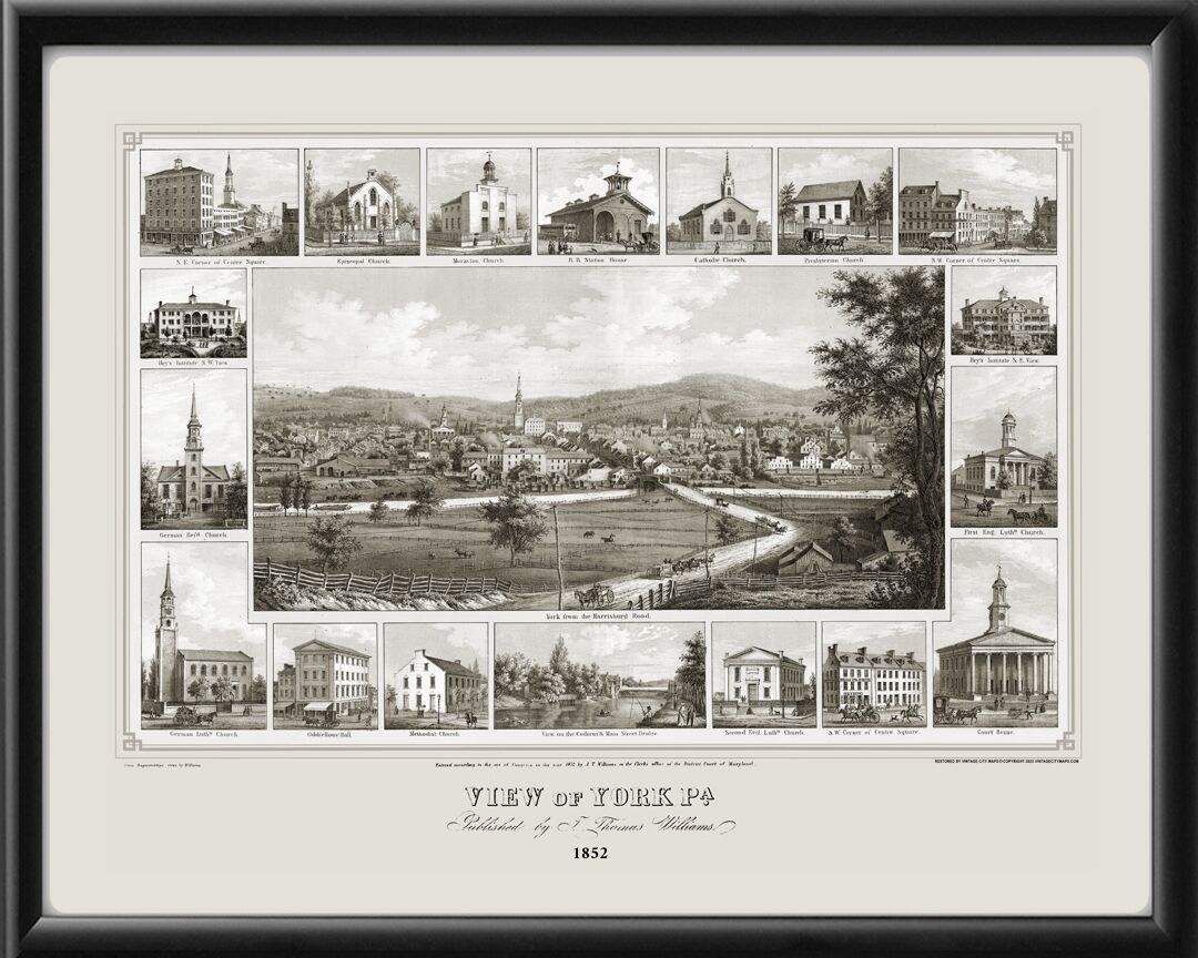 York PA 1852 J. Thomas Williams TM Birds Eye View Map