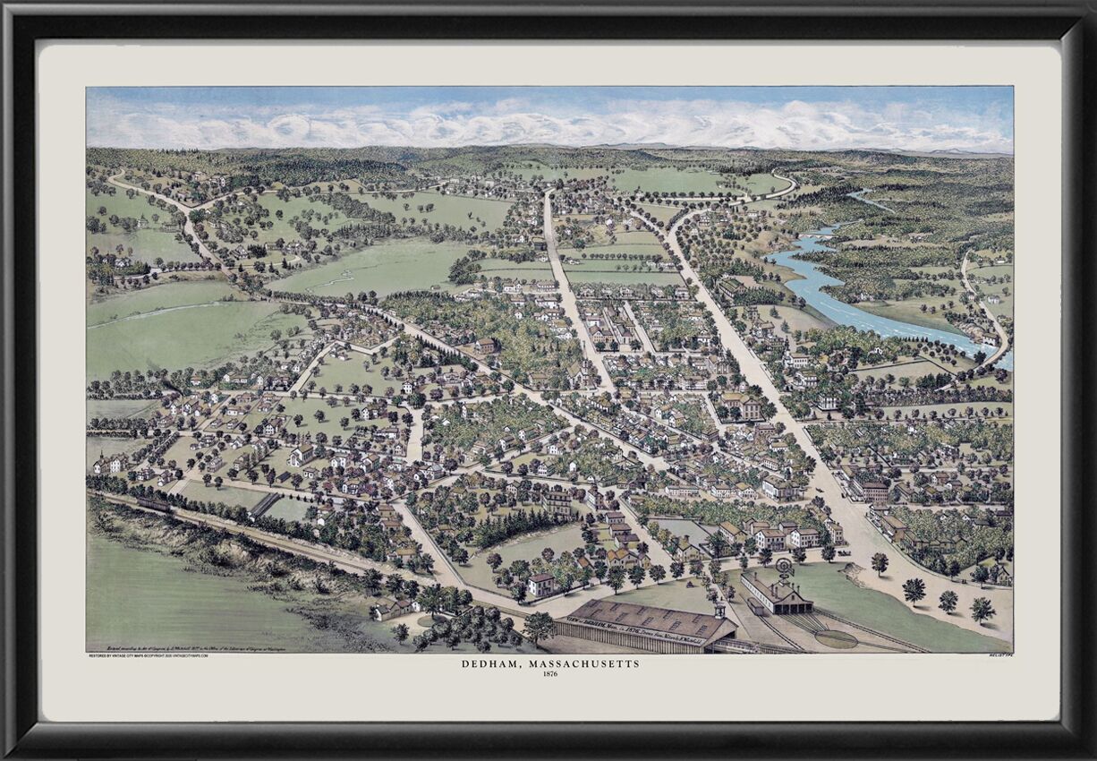 Dedham MA 1876 Edwin Whitefield Color TM Birds Eye View Map