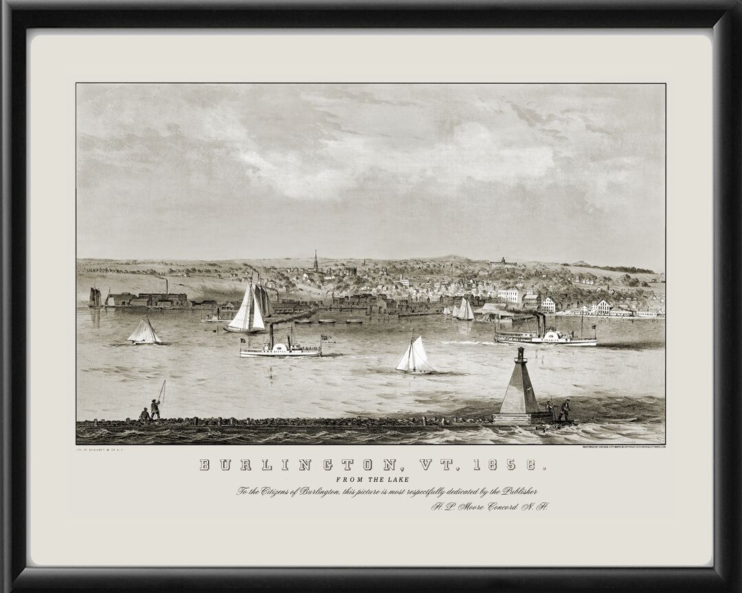 Burlington VT 1858 Henry P. Moore TM Birds Eye View Map