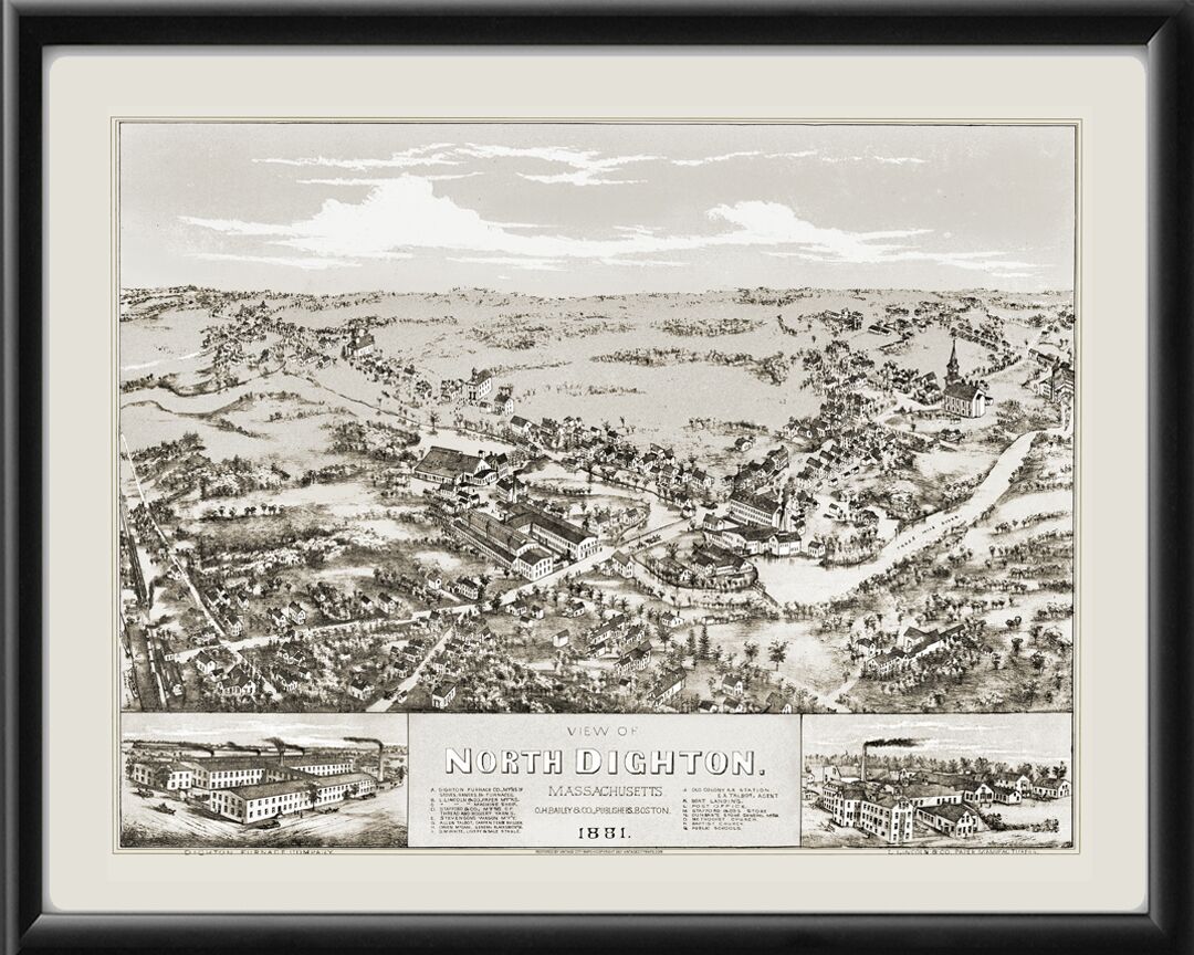 North Dighton MA 1881 Oakley Hoopes Bailey Tm Bird's Eye View Map
