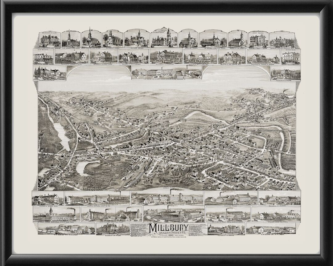Millbury MA 1891 OH Bailey TM Bird's Eye View Map