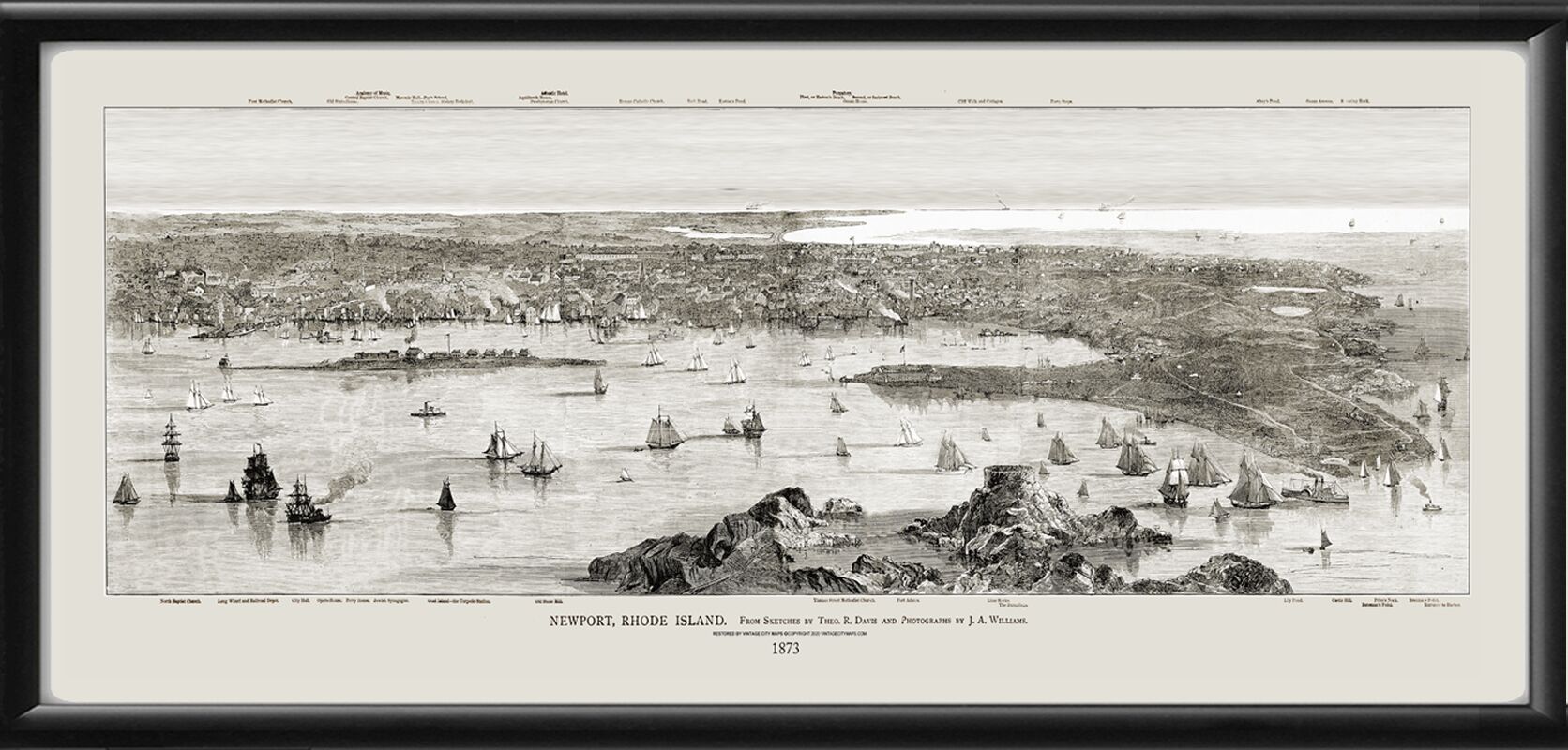 Newport RI 1873 Theo. Davis TM Birds Eye View Map