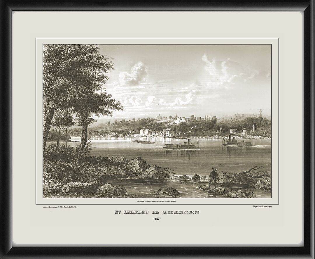 Restored panoramic view of St. Charles, Missouri on the Mississippi River, 1857 published by Hermann Meyer.