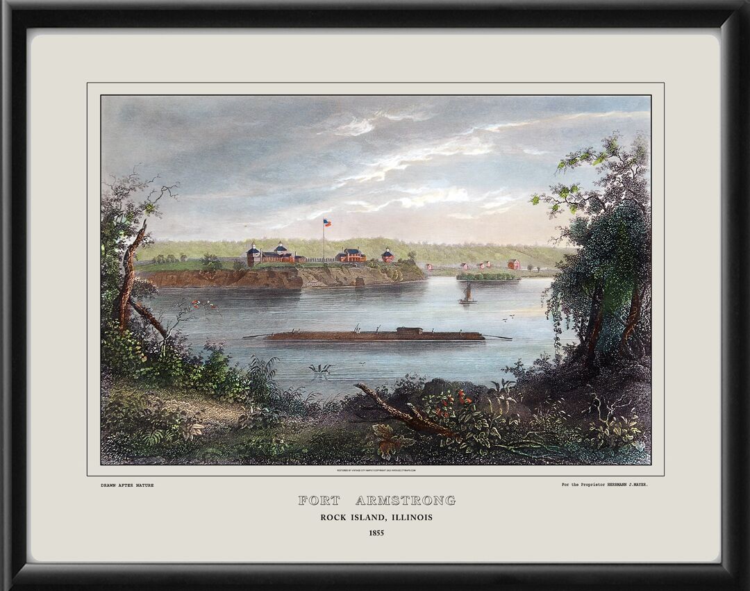 Fort Armstrong Rock Island IL 1855 Birds Eye View Map