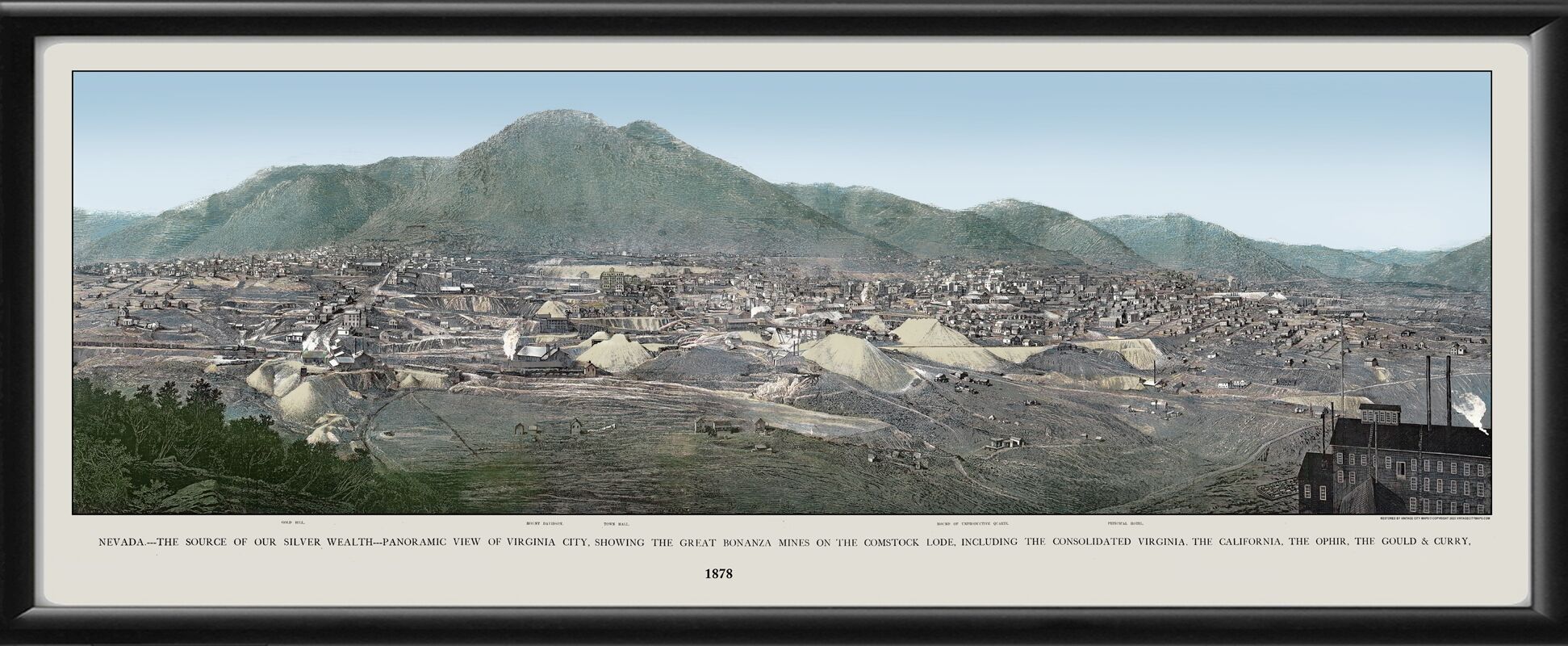 View of Virginia City Mining Region 1878 Carleton Watkins 20x44 16x36TM Birds Eye View Map