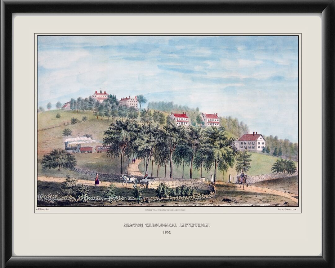 Newton Theological Institution 1851 A.M. Rice Newton MA Bird's Eye View Map