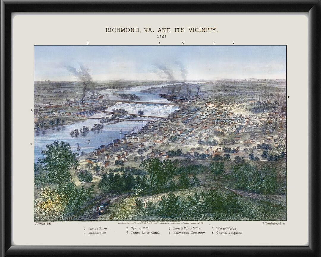 Richmond VA 1863 (Color) | Vintage City Maps - Restored Bird's Eye