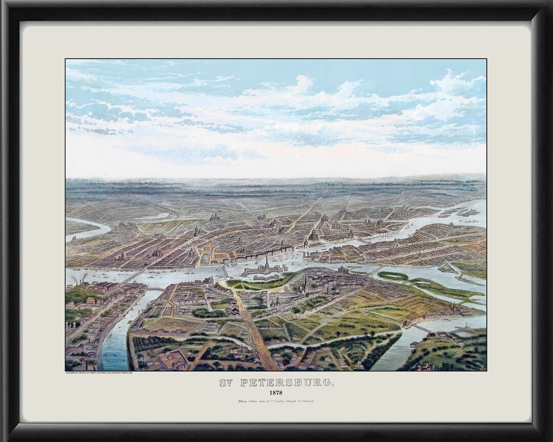 St. Petersburg Russia 1878 Birds Eye View Map