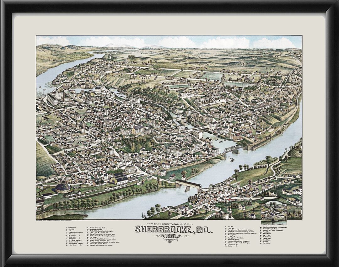 Sherbrooke Quebec Canada 1881 (Color) Birds Eye View Map