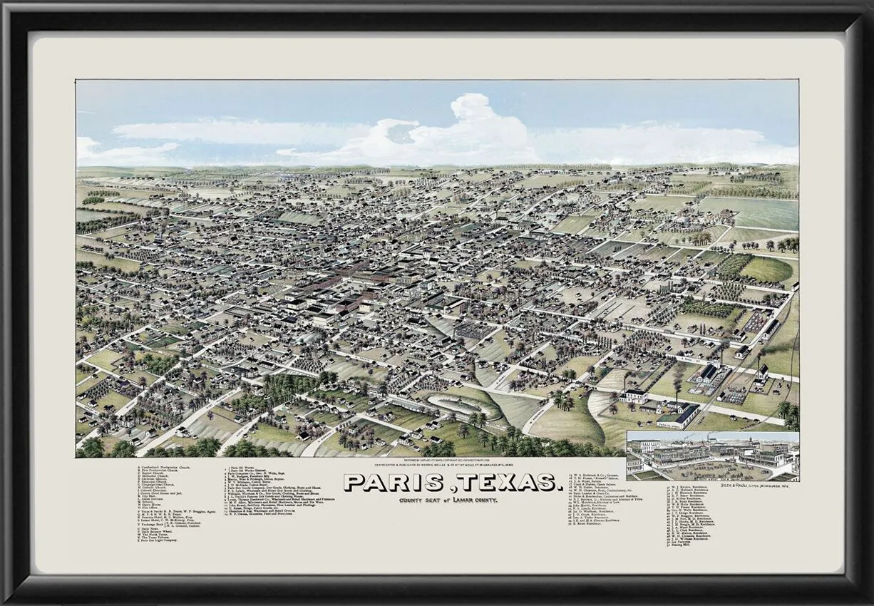 Paris TX 1885 Birds Eye View Map (Color)