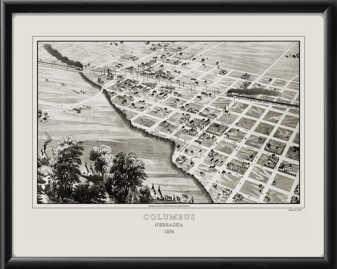 Columbus NE 1874 Augustus Koch TM Birds Eye View Map