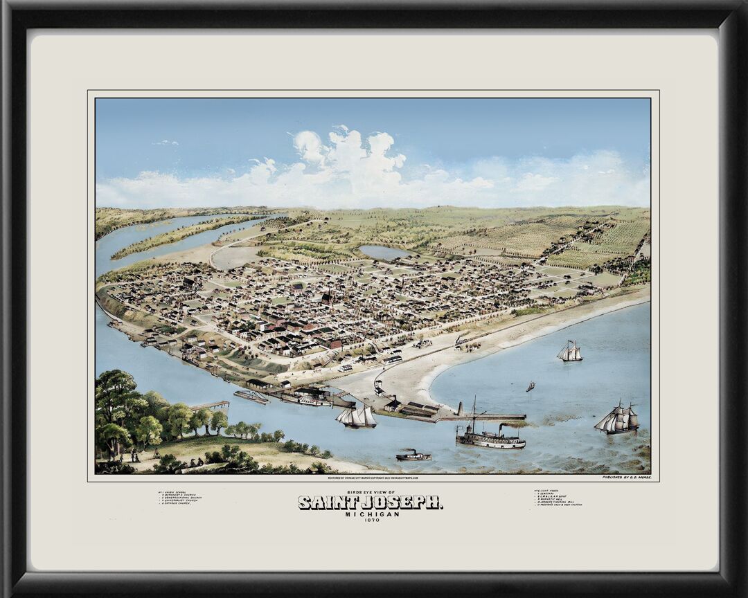 Saint Joseph MI 1870 D.D. Morse Color TM Birds Eye View Map