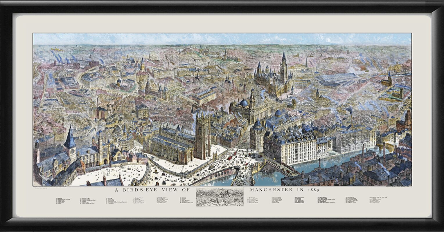 Manchester, England 1889 (Color) Birds Eye View Map