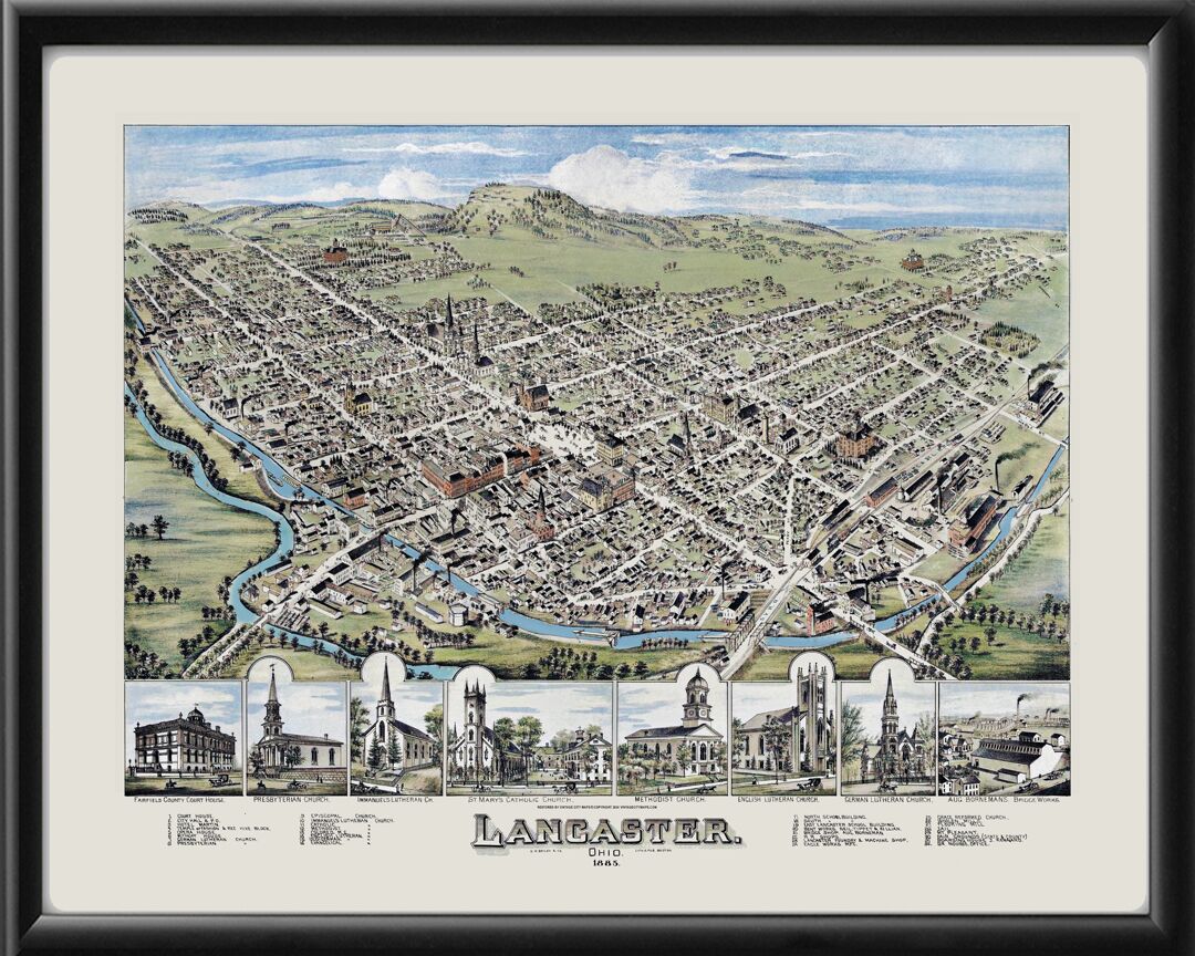 Lancaster OH 1885 Birds Eye View Map