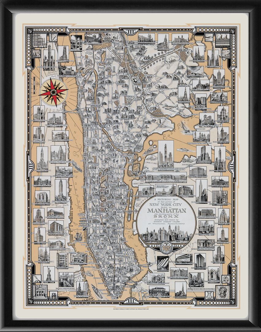 Manhattan and the Bronx, NY 1939 Birds Eye View Map