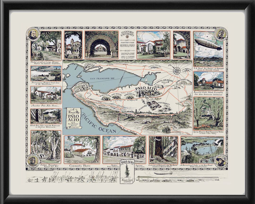 Palo Alto and the San Francisco Peninsula 1925 Birds Eye View Map