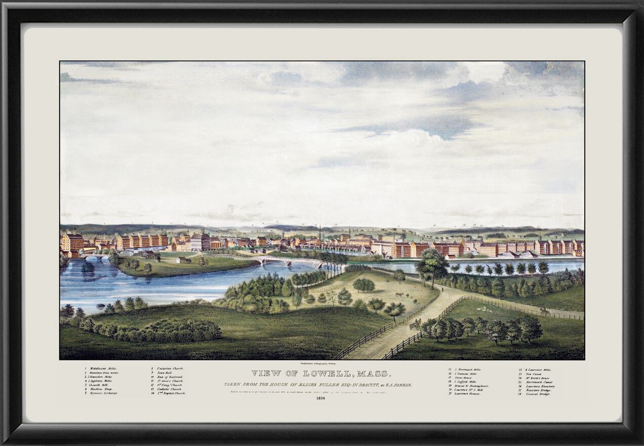 Lowell MA 1834 Birds Eye View Map