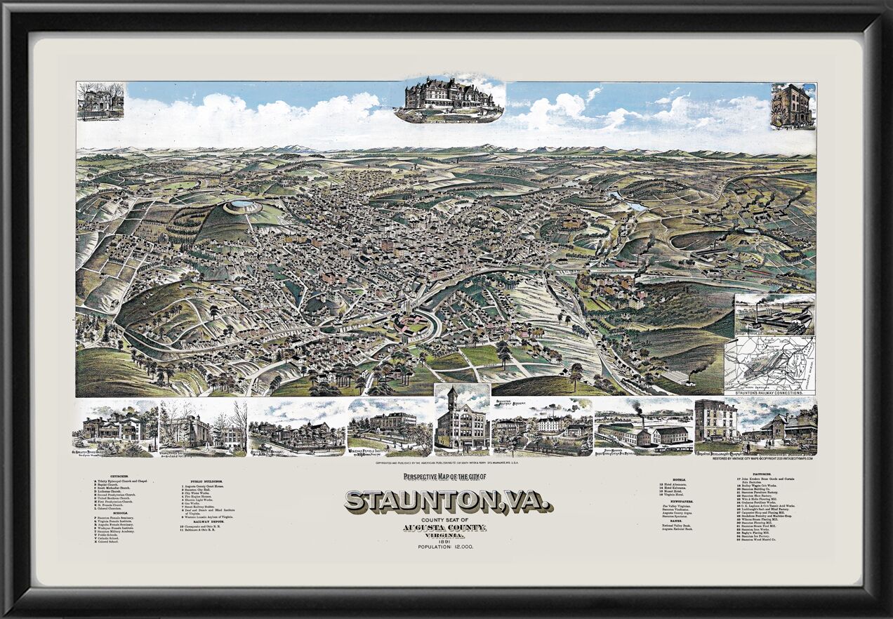 Staunton VA 1891 (Color) Birds Eye View Map