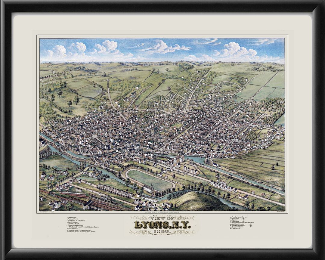 Lyons NY 1888 Restored Birds Eye View Map