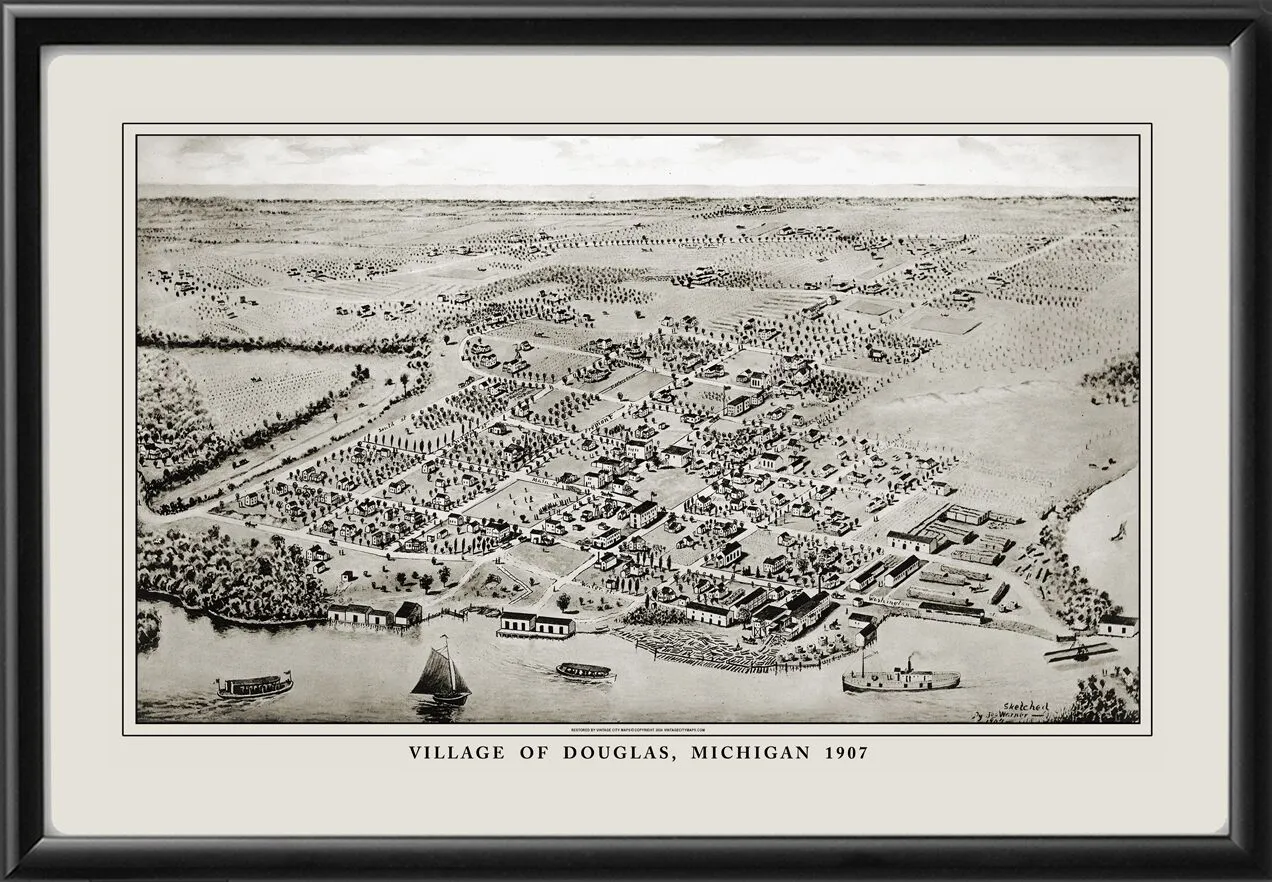 Douglas, Michigan 1907 Restored Birds Eye View Map