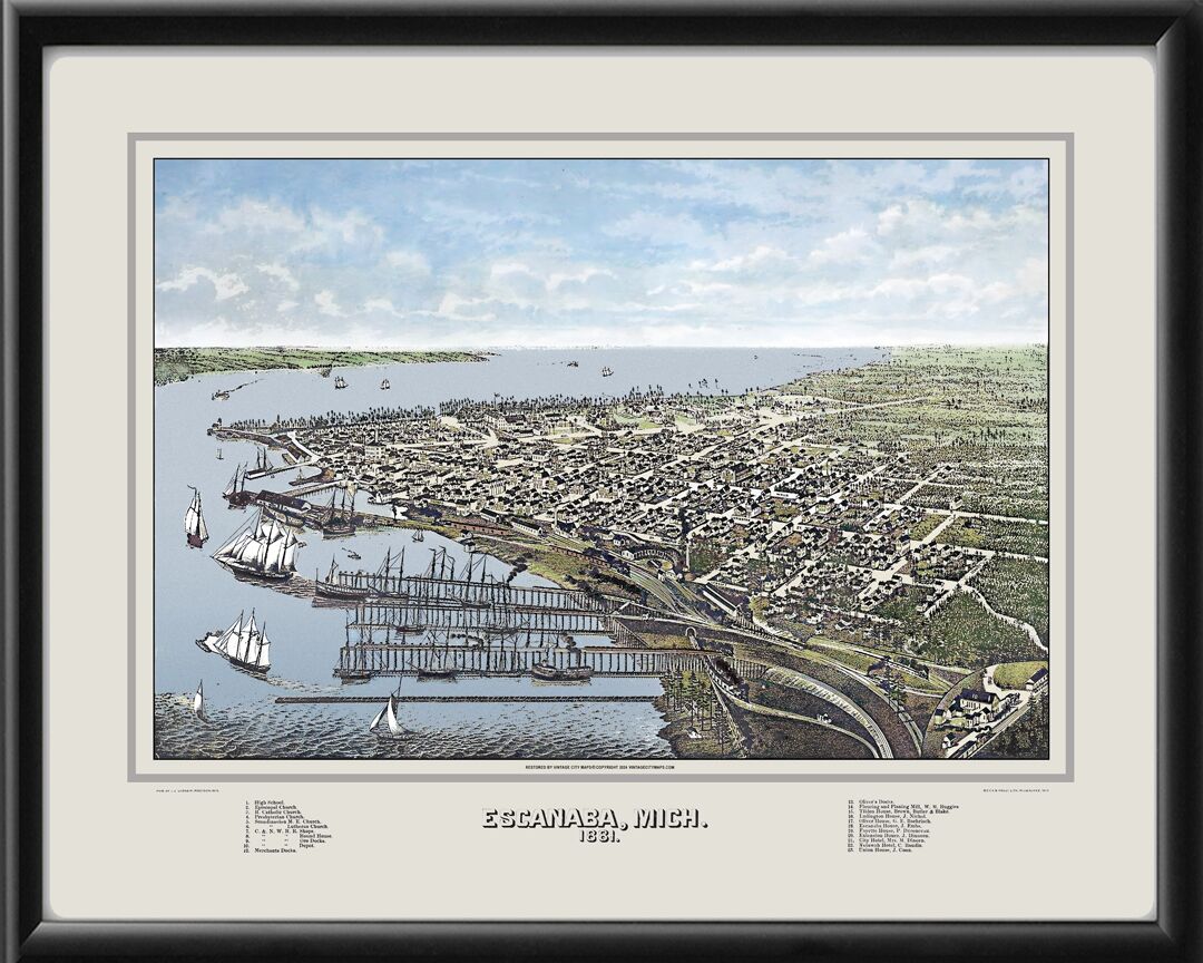 Escanaba MI 1881 Restored Birds Eye View Map