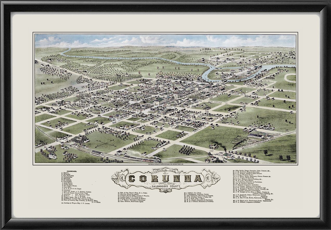 Corunna MI 1881 Restored Birds Eye View Map