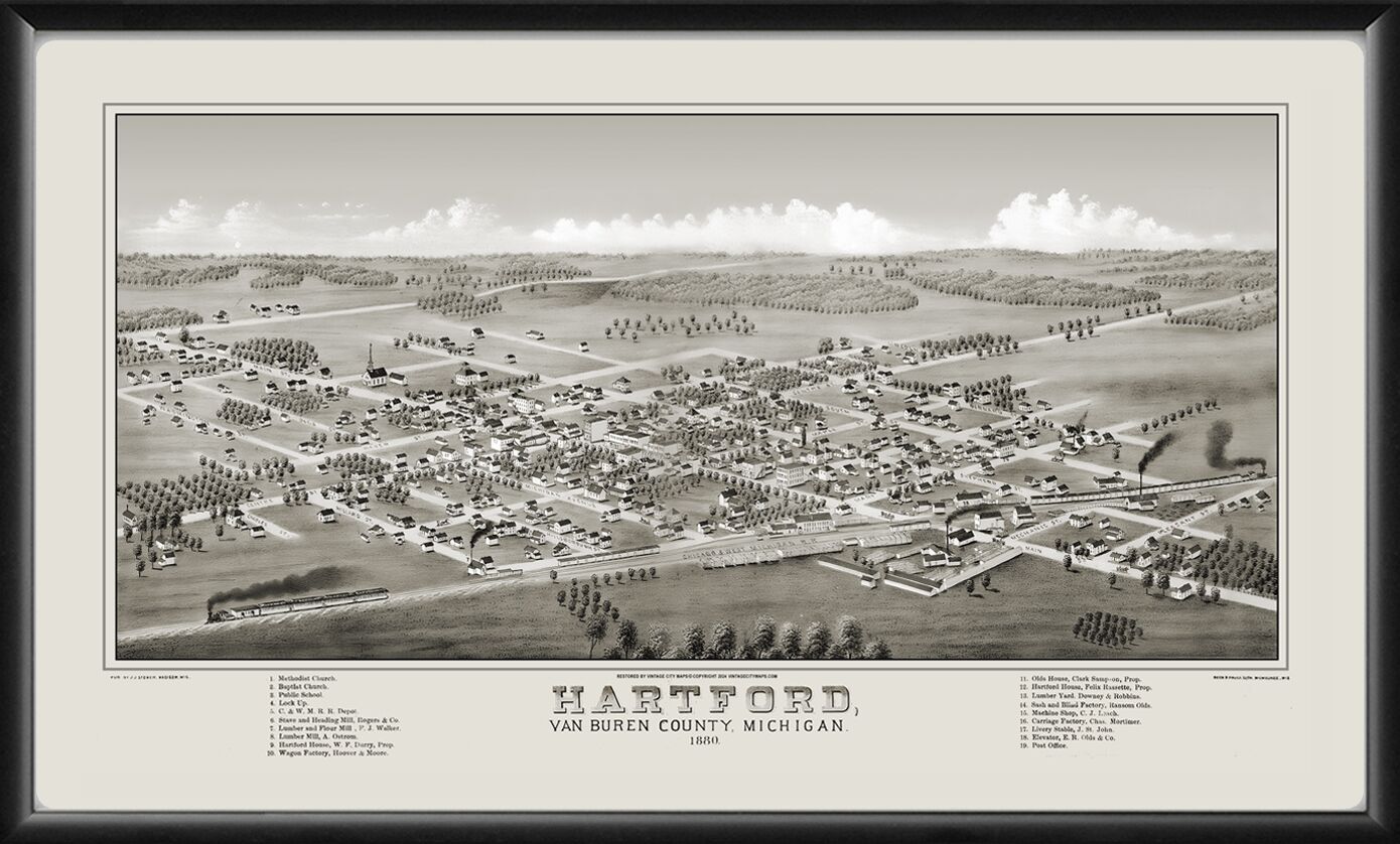 Hartford MI 1880 JJ Stoner Restored Birds Eye View Map