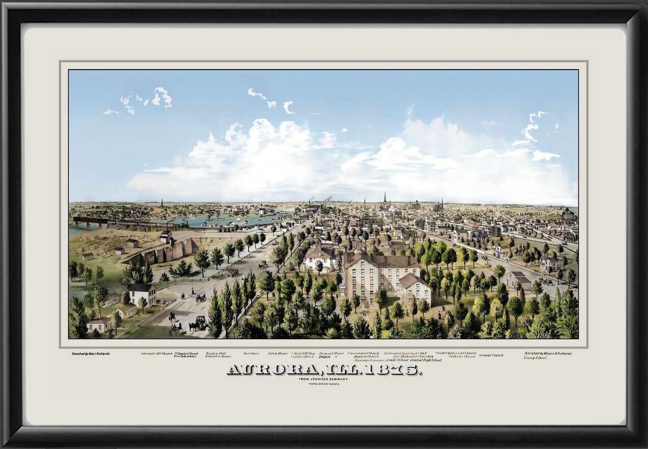 Aurora IL 1875 Birds Eye View Map