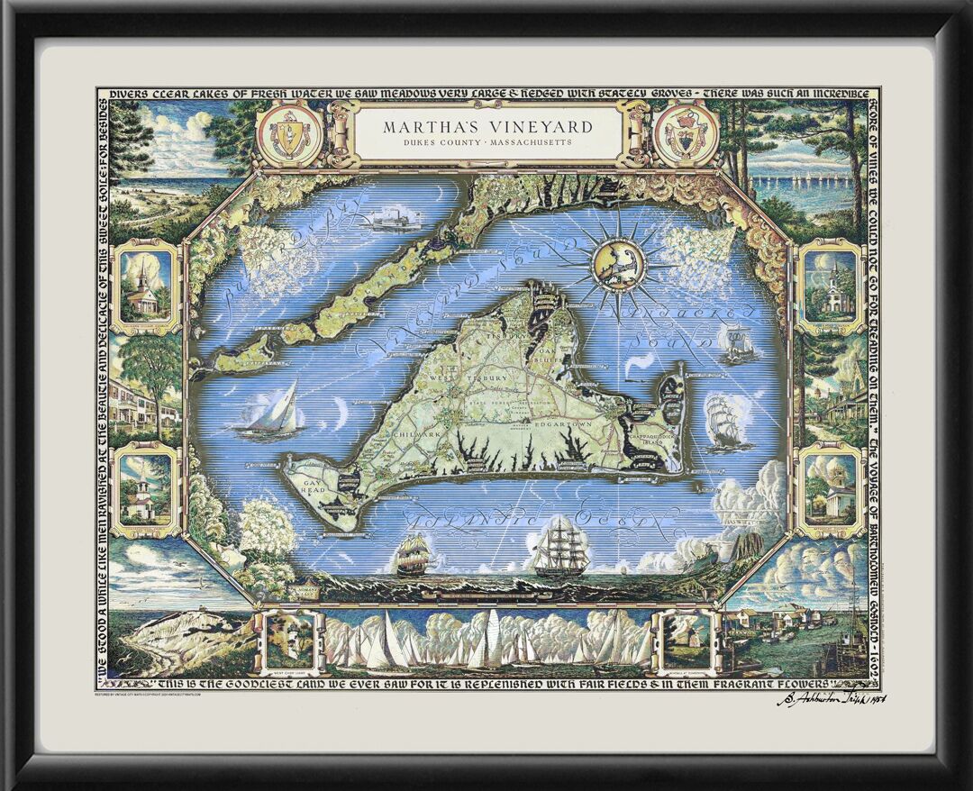 Martha's Vineyard MA 1954 Birds Eye View Map