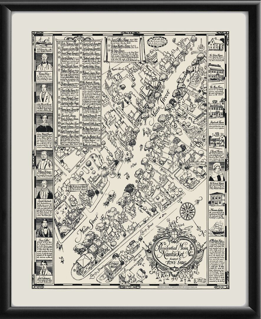 Nantucket MA 1937 Residential Main Street Birds Eye View Map