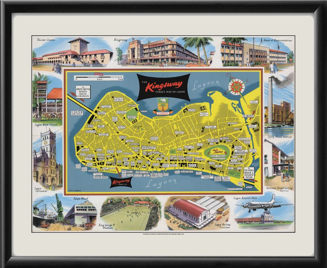 Lagos Nigeria 1958 Bird's Eye View Map