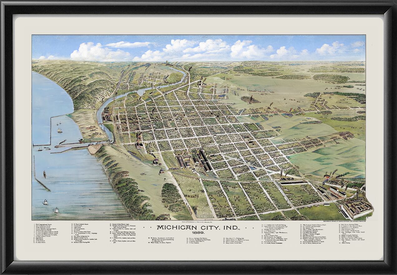 Michigan City IN 1889 Bird's Eye View Map