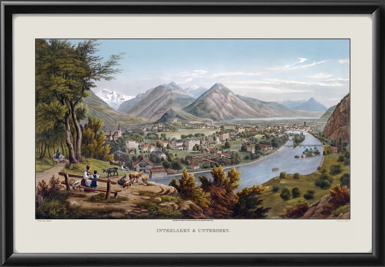 Interlaken & Unterseen Switzerland c1845 Bird's Eye View Map