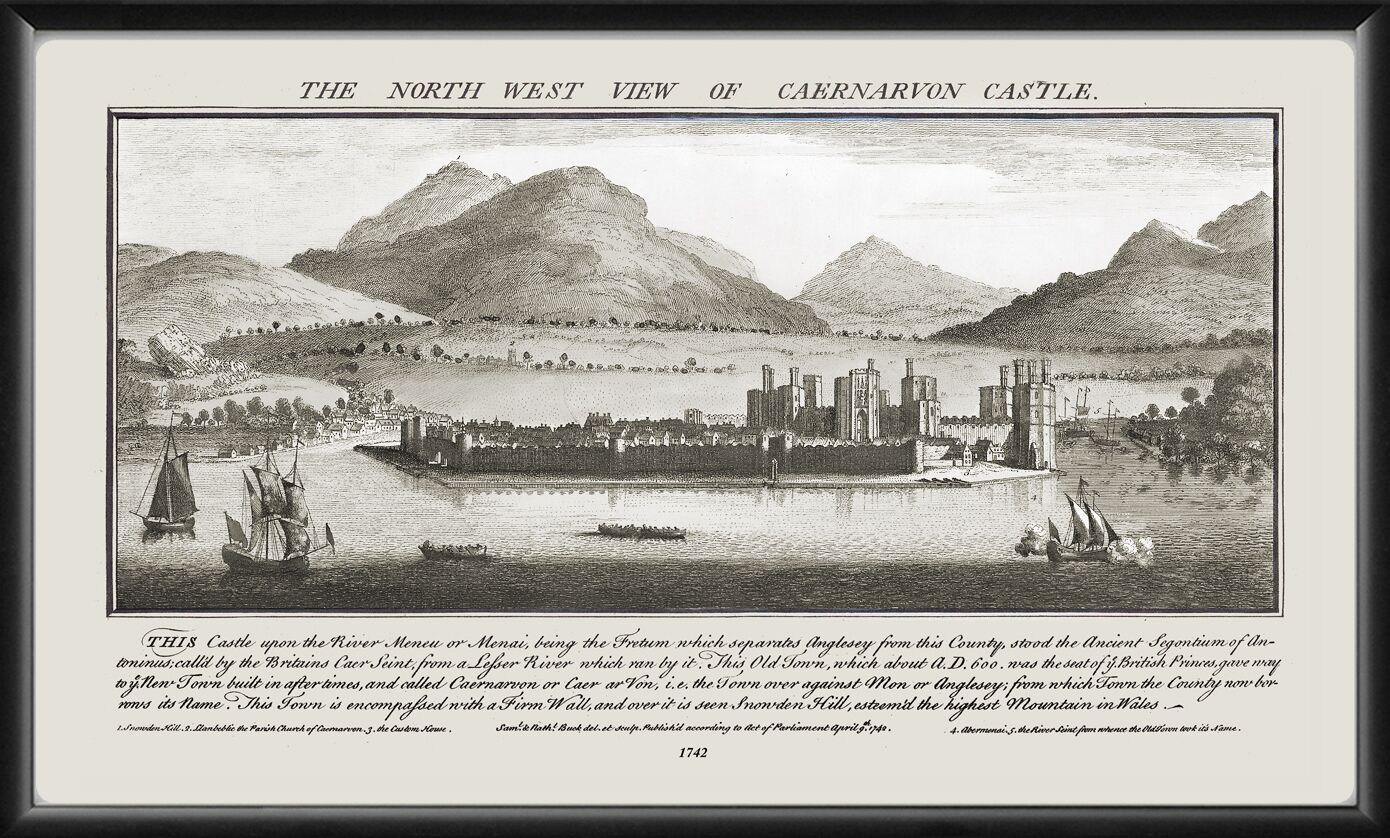 Northwest view of Caernarvon Castle Wales 1742 antique engraving by Samuel & Nathaniel Buck
