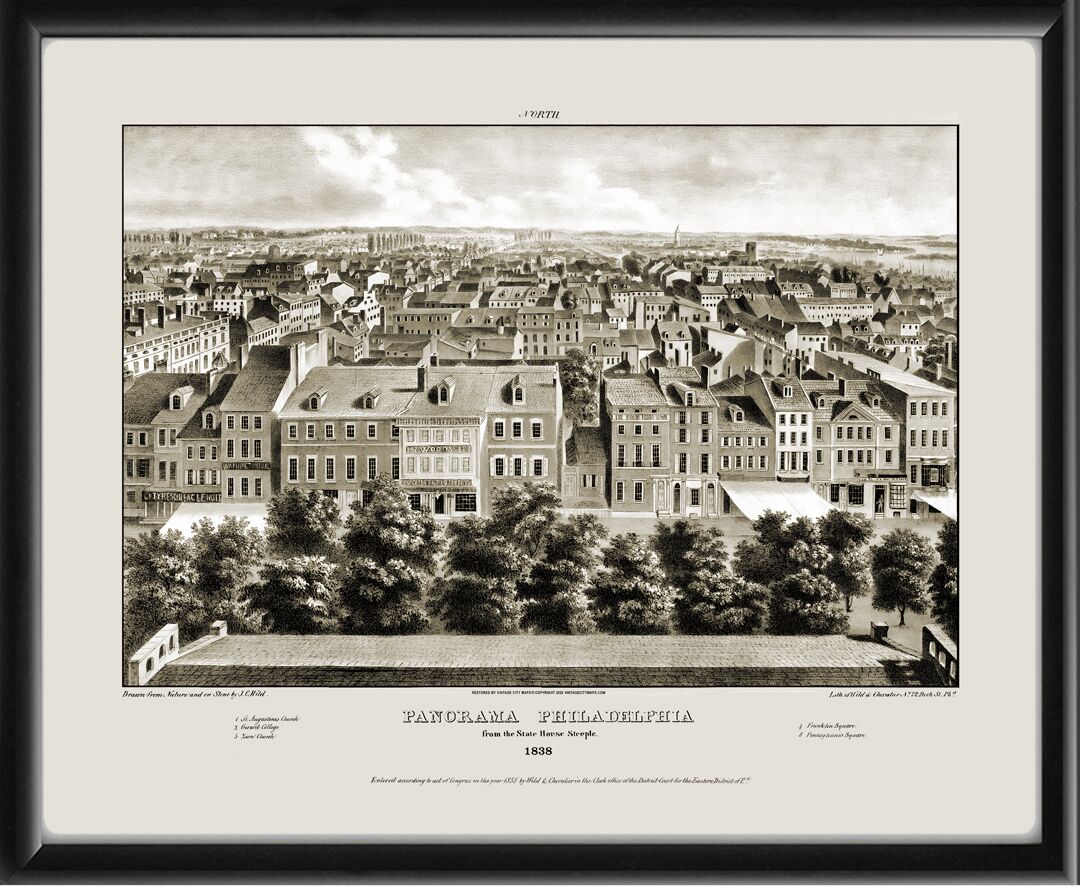 Restored panoramic bird's eye view of Philadelphia, Pennsylvania, 1838 by J. C. Wild  looking north toward North Philadelphia from the State House (Independence Hall) steeple
