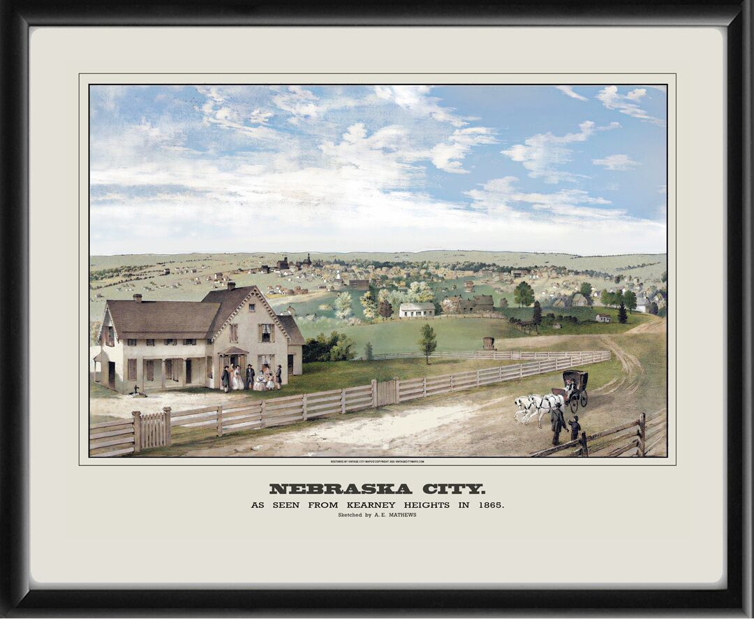 Restored bird's eye view of Nebraska City, Nebraska as seen from Kearney Heights in 1865